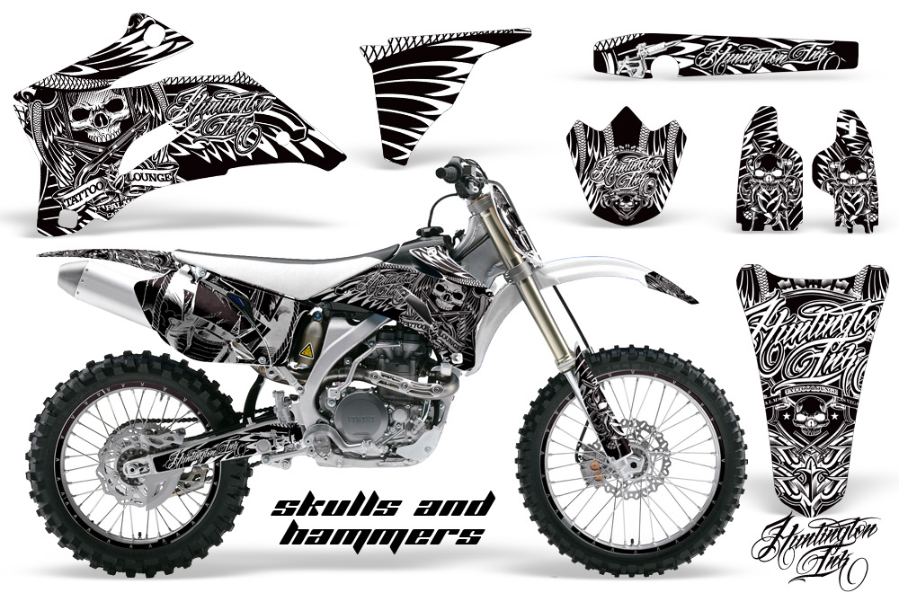 Yamaha YZ 250F 450F 02-09 Graphics Kit Huntington Ink Skulls And Hammers White NPs